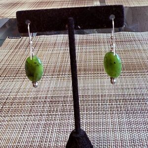 New Jade Serpentine Elongated Oval Dangling Earrings with French Ear Wire.